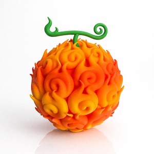 May include: A spherical, orange and yellow fruit with a flame-like design. The fruit has a green stem with a curled end. The object is set against a white background.
