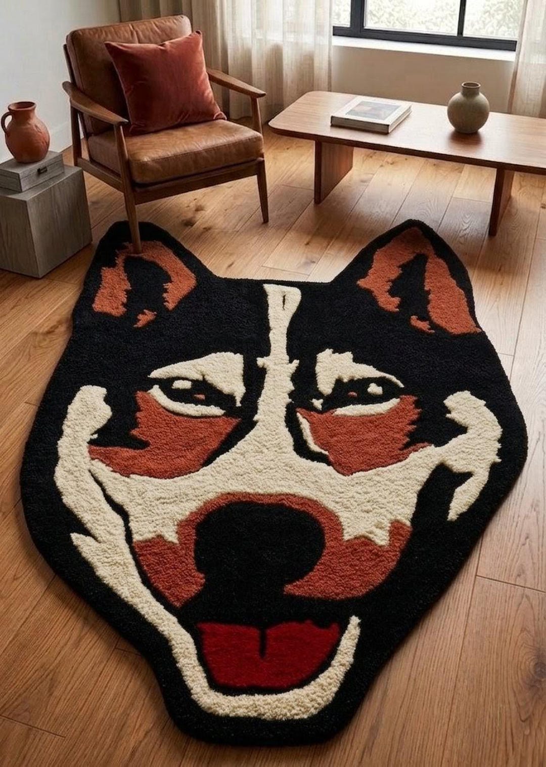 Hand-tufted Wool Husky Dog Portrait Rug, Black Rust Orange Animal ...