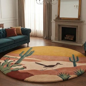 Tapis en laine tufté à la main, tapis rond paysage désertique, motif cactus roadrunner jaune style sud-ouest, idéal pour le salon, la chambre ou la salle de jeux des enfants.