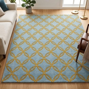 Handmade Blue Geometric Wool Rug, Mustard Yellow Interlocking Circles