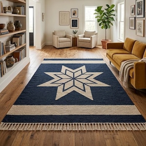 Marineblauw platgeweven stervloerkleed, wol Dhurrie