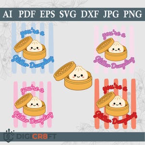 Puede incluir: Gráfico digital con dibujos animados de albóndigas en vaporeras de bambú. Cada albóndiga tiene una cara sonriente y está etiquetada como "You're a Glitter Dumpling" en varios colores. El fondo tiene rayas verticales.