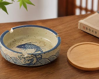 Japanese-Style Retro Ceramic Ashtray, Blue Koi Fish & Wave Pattern, Speckled Glaze Smoking Tray, Vintage Japanese Table Decor Gift
