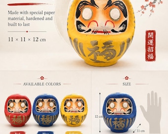 Hand Crafted Daruma Figure – Japanese Good Luck Doll for Home Decor, Paper Mache Display Figurine in Red, Blue or Yellow