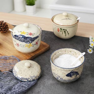 Ceramic Spice Holder with Spoon – Hand-Painted Ceramic Condiment Jar – Rustic Farmhouse Kitchen Tableware Decor