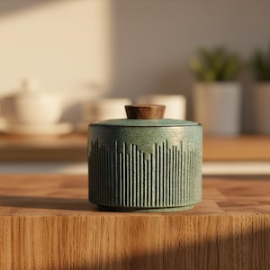 Japanese Ceramic Storage Jar with Wooden Lid – Modern Farmhouse Style Dry Goods Container – Elegant Pantry Organizer for Spices & Tea Matcha Green