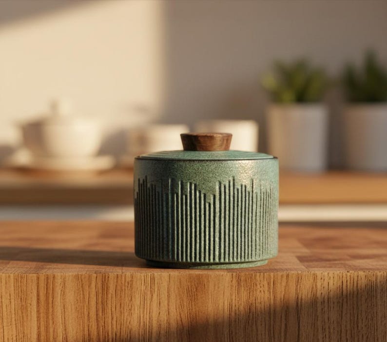 Japanese Ceramic Storage Jar with Wooden Lid – Modern Farmhouse Style Dry Goods Container – Elegant Pantry Organizer for Spices & Tea Matcha Green