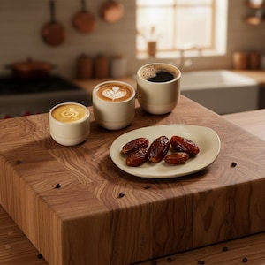 Tvåfärgat keramiskt muggset – oregelbundet fat, beige dricksglas