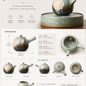Théière japonaise en céramique 130 ml – Théière artisanale de style Kyusu avec anse latérale, service à thé rustique en grès, coffret à thé japonais à offrir