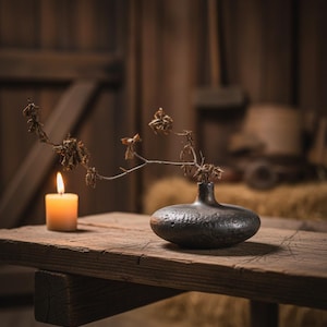 May include: A lit candle and a small, dark, textured vase holding dried branches sit on a rustic wooden table. The scene is set against a blurred, warm-toned background, suggesting a cozy, natural aesthetic. The vase is approximately 4 inches in diameter.