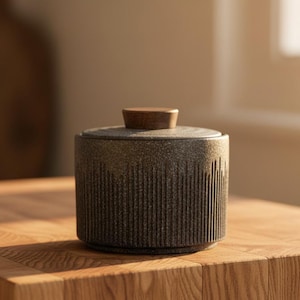 Japanese Ceramic Storage Jar with Wooden Lid – Modern Farmhouse Style Dry Goods Container – Elegant Pantry Organizer for Spices & Tea Japanese Gray