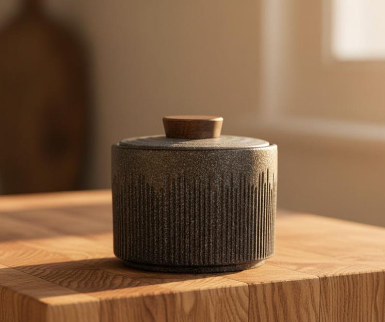Japanese Ceramic Storage Jar with Wooden Lid – Modern Farmhouse Style Dry Goods Container – Elegant Pantry Organizer for Spices & Tea Japanese Gray