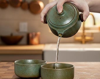 Handmade Porcelain Portable Tea Set, Rustic Green and Black Japanese Ceremony Drinkware