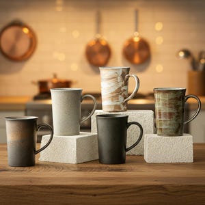 May include: A collection of ceramic mugs in various colors and designs. The mugs are displayed on a wooden surface and small, square platforms. The mugs have different textures and patterns, including brown, beige, and green.