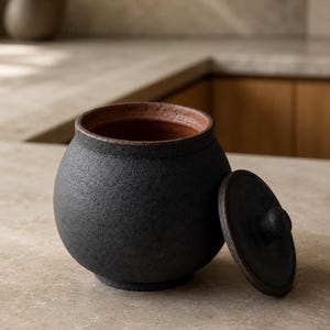 Saliera giapponese in ceramica con coperchio – Gres nero opaco fatto a mano, barattolo da cucina minimalista, contenitore per condimenti tradizionale Wabi-Sabi