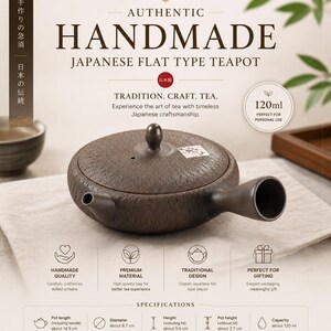 Tetera japonesa auténtica hecha a mano de tipo plano / Tetera tradicional Kyusu / Tetera pequeña de arcilla de 120 ml / Regalo para la ceremonia del té japonesa