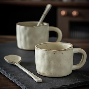May include: Two off-white ceramic mugs with handles and matching spoons. The mugs have a textured surface and a rustic, handmade appearance. One spoon rests inside a mug, while the other lies on a dark, slate-like surface. The mugs and spoons have a brown rim.