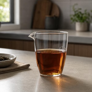 May include: A clear glass tea server with a spout, filled with amber tea. The glass sits on a light-coloured countertop. A small bowl of tea leaves and a linen napkin are in the background. The kitchen setting includes wooden chopping boards and a potted plant.