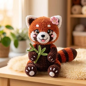 May include: A handmade crochet red panda plush toy with a smiling face, holding green leaves. The plush has brown and white accents, a pink flower, and a striped tail. It is sitting on a cream-colored surface.