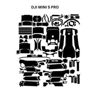 May include: Black die-cut vinyl pieces for a DJI Mini 5 Pro drone, arranged on a white background. The image includes various shapes and sizes, likely for custom skin application, with the text "DJI MINI 5 PRO" at the top.