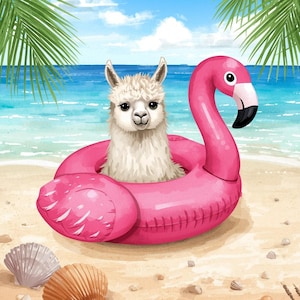 May include: A white fluffy llama sitting inside a bright pink inflatable flamingo pool float. The scene is set on a sandy beach with blue ocean water, palm fronds in the upper corners, and seashells scattered on the sand in the foreground.