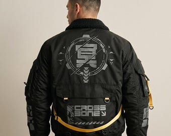 Chaqueta bomber de estilo cyberpunk techwear – Gráfico de calavera y tibias cruzadas, Taslan resistente al agua