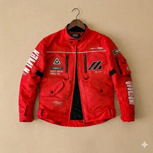 May include: A red motorcycle jacket with black accents and multiple pockets. The jacket features white text on the sleeves and back, along with various patches and logos. The jacket is hanging on a wooden hanger.