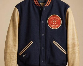 Chaqueta universitaria Polo Ralph Lauren – Lana azul marino, cuero color camel, bordado de chenilla 92