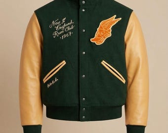 Chaqueta bomber de lana verde cazador de Polo Ralph Lauren – Mangas de cuero color camel, parche alado en el pie