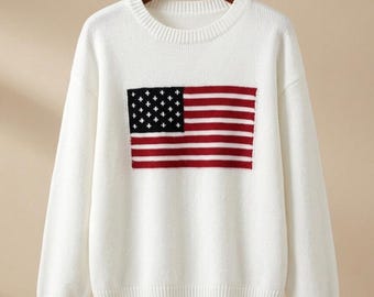 Suéter de punto con la bandera estadounidense, jersey patriótico de cuello redondo para mujer.