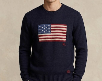 Jersey de punto con la bandera de Estados Unidos de Polo Ralph Lauren / Jersey de cuello redondo de algodón azul marino