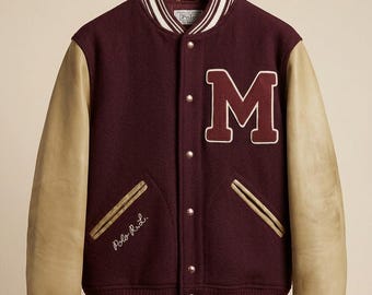 Chaqueta universitaria Morehouse Tigers – Lana burdeos, mangas de cuero color canela, estilo bomber de Ralph Lauren