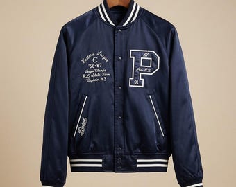 Chaqueta bomber estilo universitario Polo Ralph Lauren de satén azul marino – Bordado de Nueva York, estilo Letterman