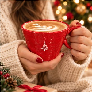 Tazza natalizia in ceramica rossa, tazza da caffè per le feste da 180 ml, tazza da tè con design ad albero di Natale, tazza piccola festiva, accogliente regalo invernale, articoli per bevande