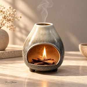May include: A ceramic oil burner with a gradient finish transitioning from cream at the top to a dark, speckled gray at the base. The burner features a wide arched opening containing small wooden sticks with a visible flame and smoke.