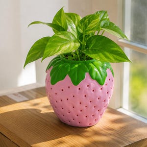 May include: A pink strawberry-shaped planter with a bright green leafy top, featuring a textured surface with small indentations. A vibrant green pothos plant with variegated heart-shaped leaves grows out of the top of the ceramic container.