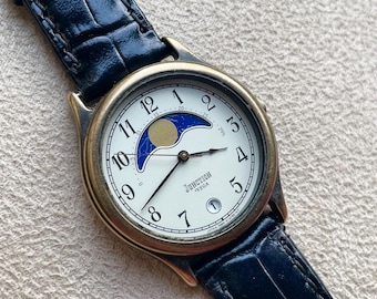 Citrin Junk Journal Vega Mondphase Unisex Uhr; Schwarzes Lederband