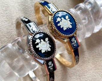 Vintage Floral Peekaboo Watches: Blue and Black Enamel Bangle, Andre Mouche