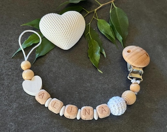 Personalisierte Schnullerkette mit Namen aus Holz für Jungen und Mädchen, Farb- und Motivwahl