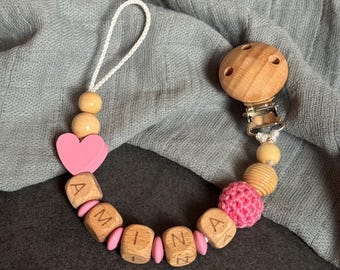 Personalisierte Schnullerkette mit Namen aus Holz für Jungen und Mädchen, Herz-Motiv, rosa (freie Farbwahl)