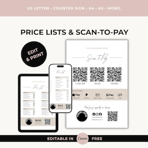 Può includere: Un set di modelli digitali per listini prezzi e segnaletica scan-to-pay, con layout per tablet, smartphone e volantino. I design includono segnaposto per nomi aziendali, codici QR per Cash App, Zelle, Venmo e icone di pagamento per Apple Pay, PayPal e Google Pay.