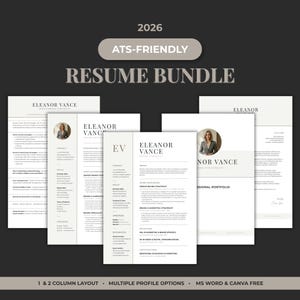 May include: A 2026 ATS-friendly resume bundle featuring multiple document templates with a clean, professional layout. Each page displays the name Eleanor Vance, contact details, work experience, skills, and education sections in a black and white color scheme.