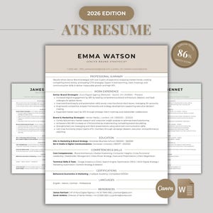 May include: A professional resume template titled 2026 EDITION ATS RESUME for a Senior Brand Strategist named Emma Watson. The document features sections for professional summary, work experience, education, skills, certifications, and references.