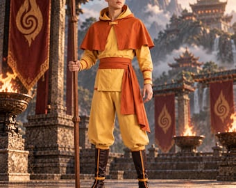 Air Nomad Monk Cosplay Costume, Orange Yellow Fantasy Warrior Outfit, Anime Inspired Robe Set, Halloween Costume, Comic Con LARP Outfit