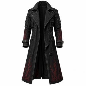 Front view of a man wearing a black gothic trench coat with a high collar, asymmetric zipper, and tactical cargo pockets in a cyberpunk techwear style.