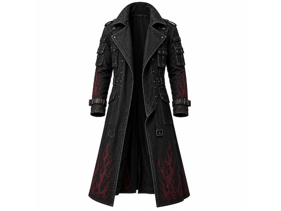 Black Gothic Trench Coat with Flames – Distressed Cyberpunk Military Jacket