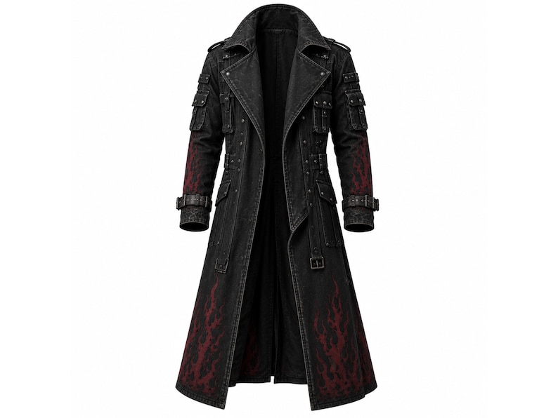 Front view of a man wearing a black gothic trench coat with a high collar, asymmetric zipper, and tactical cargo pockets in a cyberpunk techwear style.