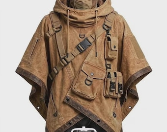 Cyberpunk Techwear Poncho, Hooded Tactical Cloak, Post Apocalyptic Cape, Utility Streetwear Coat, Dystopian Festival Outfit