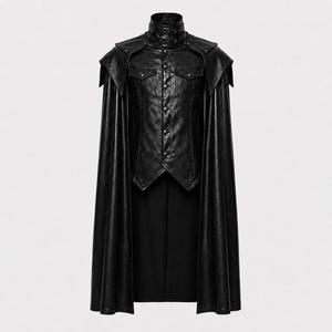 May include: A black faux leather jacket with a high collar and attached cape. The jacket has a button-up front and shoulder epaulets. The cape extends to the mid-thigh. The garment is designed for cosplay or gothic fashion.