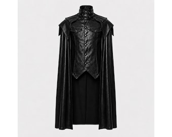 Black Gothic Vampire Cape, Leather Rave Punk Cloak, Red Cross Detail, Halloween Cosplay